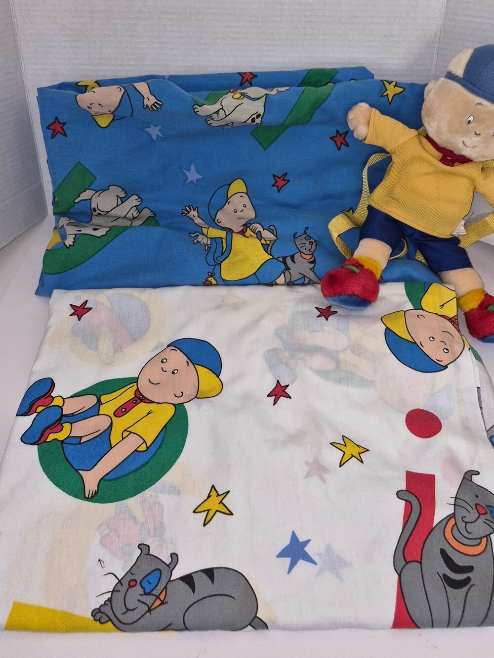 Vintage 2000's Caillou Bedding Sheet Set With Plush Backpack